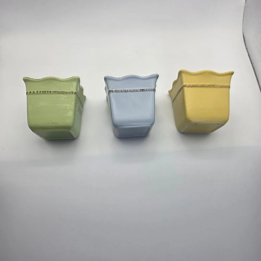 PartyLite Ceramic Votive Candle Holders Set of 3 Pastel Green Blue Yellow Square - Picture 3 of 7